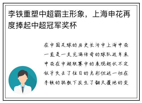 李铁重塑中超霸主形象，上海申花再度捧起中超冠军奖杯